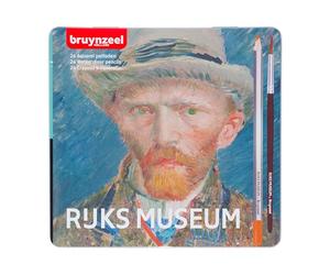 BRUYNZEEL & Rijksmuseum Professionel Set de 24 Crayons de Couleur Aquarellables + Pinceau dans une boîte en étain pour Dessiner et Colorier | Vincent van Gogh