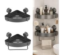 Bryzal Lot de 2 étagères d'angle de douche à ventouse, sans perçage, avec barre de serviette et crochets, étagères d'angle de salle de bain à ventouse pour salle de bain (gris)