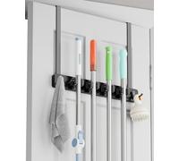 BS-VOG Accroche Balai pour Porte, Porte Balai avec 4 étagères et 2 Crochets, Porte-balai en Bois pour Porte en Noir, Organisateur Outils de Buanderie pour Placard Garage
