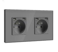 BSEED Double Prise Murale avec 2 Ports USB,16A Prise de Courant Alternatif avec Panneau en Verre,Multiprise Murale Max 2.1A,Convient au Smartphone, à la Tablette (2 Prise avec 2 Ports USB,Gris)