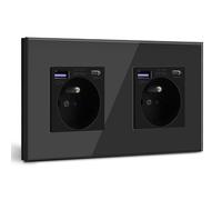 BSEED Double Prise Murale avec USB C PD20W,Prise de courant à Encastrer,16A Prise de Courant Alternatif avec Panneau en Verre,Chargeur Rapide Multiprises avec 1USB C 20W,Idéal pour Maison,Bureau-Noir