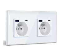 BSEED Double Prise Murale avec USB C PD20W,Prise de courant à Encastrer,16A Prise de Courant Alternatif avec Panneau en Verre,Chargeur Rapide Multiprises avec 1USB C 20W,Idéal pour Maison,Bureau-Blanc