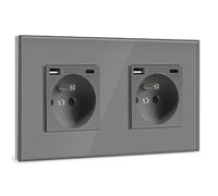 BSEED Double Prise Murale avec USB et 1 Type C,16A Prise de Courant Alternatif avec Panneau en Verre,Multiprise Murale Max 2.1A,Convient au Smartphone, à la Tablette (2 Prise avec USB et Type C,Gris)