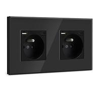 BSEED Double Prise Murale avec USB et 1 Type C,16A Prise de Courant Alternatif avec Panneau en Verre,Multiprise Murale Max 2.1A,Convient au Smartphone, à la Tablette (2 Prise avec USB et Type C,Noir)