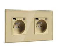 BSEED Double Prise Murale avec USB et 1 Type C,16A Prise de Courant Alternatif avec Panneau en Verre,Multiprise Murale Max 2.1A,Convient au Smartphone, à la Tablette (2 Prise avec USB et Type C,Or)
