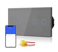 BSEED Interrupteur Connecté Sans Neutre WIFI, Interrupteur Tactile Connecté WIFI 2.4G,Interrupteur Mural avec Panneau en Verre, Compatible avec Google/Tuya/Alexa, 1 Gang et 2 Gang 1 Voie Gris 157mm