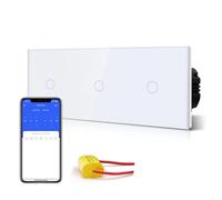 BSEED Interrupteur Connecté Sans Neutre WIFI, Interrupteur Tactile Connecté WIFI 2.4G,Interrupteur Mural avec Panneau en Verre, Compatible avec Google/Tuya/Alexa, Triplé 1 Gang 1 Voie Blanc 228mm