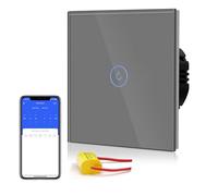 BSEED Interrupteur Connecté Sans Neutre WIFI, Interrupteur Tactile Connecté WIFI 2.4G,Interrupteur Mural avec Panneau en Verre, Compatible avec Google/Tuya/Alexa, 1 Gang 1 Voie Gris 86mm