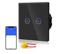 BSEED Interrupteur Connecté Sans Neutre WIFI, Interrupteur Tactile Connecté WIFI 2.4G,Interrupteur Mural avec Panneau en Verre, Compatible avec Google/Tuya/Alexa, 2 Gang 1 Voie Noir 86mm