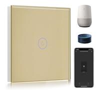 BSEED Interrupteur Connecté WiFi,1 Gang 1 Voie Interrupteur Tactile Mural en Verre WiFi, Compatible avec Alexa et Google Home, Or (Ligne Neutre Requis)