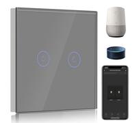 BSEED Interrupteur Connecté WiFi,2 Gang 1 Voie Interrupteur Tactile Mural en Verre WiFi, Compatible avec Alexa et Google Home, Gris (Ligne Neutre Requis)
