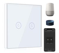 BSEED Interrupteur Connecté WiFi,2 Gang 1 Voie Interrupteur Tactile Mural en Verre WiFi, Compatible avec Alexa et Google Home, Blanc (Ligne Neutre Requis)