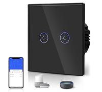 BSEED Interrupteur Connecté WIFI, 2 Gang 1 Voie Interrupteur Tactile WiFi en Verre(Ligne Neutre Requise), Compatible avec Alexa/Google Home, 86mm Noir