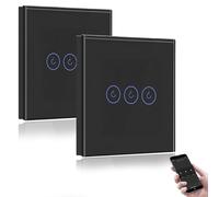 BSEED Interrupteur Connecté WiFi,Noir Interrupteur Va et Vient avec Écran Tactile,3 Gang 2 Voie Interrupteur Tactile Mural WiFi,Compatible avec Alexa et Google Home(Ligne Neutre Requis)-2Pack