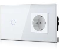 BSEED Interrupteur d'Éclairage Avec Prise Schuko en Verre - Encastré, 16 A, Prise CEE, 1 Compartiment 1 Voie, Tactile, Blanc, Va-et-Vient Plat, Moderne