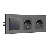 BSEED Interrupteur Mural Avec 2 Prises, Interrupteur va et vient poussoir Avec Voyant Lumineux, Port de connexion rapide, Cadre avant PC, 1 Gang 1 Voie, 228mm, Gris