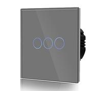BSEED Interrupteur Tactile en Verre Interrupteur Mural,Gris,86mm | Interupteur Tactile avec Voyant Lumineux, Rétroéclairage LED, Verre anti-empreintes, 3 Gang 1 Voie
