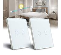 BSEED Interrupteur Tactile va et vient,Blanc 2 Gang 2 Voie Commutateur de Lumière avec LED Affichage Light,Interrupteur Tactile avec Capteur Tactile Panneau Verre Cristal-Pas de fil Neutre-2 Pack