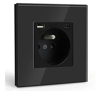 BSEED Multiprise Murale Max 2.1A avec USB et 1 Prise avec Type C,16A Prise de Courant Alternatif avec Panneau en Verre,Convient au Smartphone, à la Tablette (Noir)