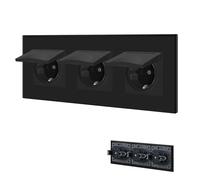 BSEED Prise 3 Compartiments Avec Couvercle Étanche - Schuko Avec Borne Enfichable - Murale Encastrée Avec Plaque en Verre Cristal - 16 A - 228 mm - Noir