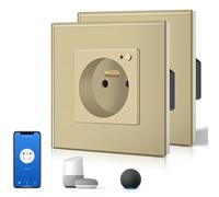BSEED Prise Connectée Programmable, WIFI Prise Electrique Intelligente Compatible avec Alexa/Google Home/Tuya APP, 2 Paquets, Fonction de surveillance énergétique(Ligne Neutre Requise), 86mm, Or
