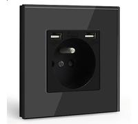 BSEED Prise Murale avec 2 Ports USB,16A Prise de Courant Alternatif avec Panneau en Verre,Multiprise Murale Max 2.1A,Convient au Smartphone, à la Tablette (1 Prise avec 2 Ports USB,Noir)