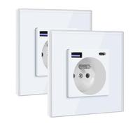 BSEED Prise Murale avec USB C PD20W Blanc,Prise à Encastrer,16A Prise de Courant Alternatif avec Panneau en Verre,Chargeur Rapide Multiprises avec 1 USB-C 20W, Idéal pour Maison et Bureau, 2 Pack