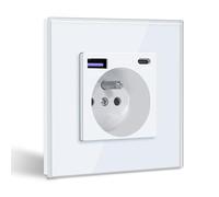 BSEED Prise Murale avec USB C PD20W Blanc,Prise de courant à Encastrer,16A Prise de Courant Alternatif avec Panneau en Verre,Chargeur Rapide Multiprises avec 1 USB-C 20W, Idéal pour Maison, Bureau
