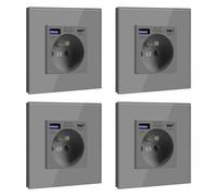 BSEED Prise Murale avec USB C PD20W Gris,Prise à Encastrer,16A Prise de Courant Alternatif avec Panneau en Verre,Chargeur Rapide Multiprises avec 1 USB-C 20W, Idéal pour Maison et Bureau, 4 Pack
