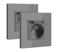 BSEED Prise Murale avec USB C PD20W Gris,Prise à Encastrer,16A Prise de Courant Alternatif avec Panneau en Verre,Chargeur Rapide Multiprises avec 1 USB-C 20W, Idéal pour Maison et Bureau, 2 Pack