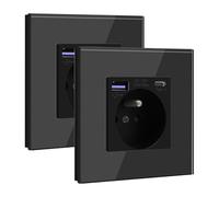 BSEED Prise Murale avec USB C PD20W Noir,Prise à Encastrer,16A Prise de Courant Alternatif avec Panneau en Verre,Chargeur Rapide Multiprises avec 1 USB-C 20W, Idéal pour Maison et Bureau, 2 Pack