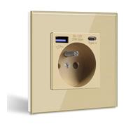 BSEED Prise Murale avec USB C PD20W,Prise de courant à Encastrer,16A Prise de Courant Alternatif avec Panneau en Verre,Chargeur Rapide Multiprises avec 1 USB-C 20W, Idéal pour Maison, Bureau-Or