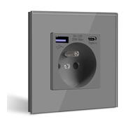 BSEED Prise Murale avec USB C PD20W,Prise de courant à Encastrer,16A Prise de Courant Alternatif avec Panneau en Verre,Chargeur Rapide Multiprises avec 1 USB-C 20W, Idéal pour Maison, Bureau-Gris