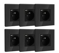 BSEED Prise Murale avec USB et 1 Type C,16A Prise de Courant Alternatif avec Panneau en Verre,Multiprise Murale Max 2.1A,Convient au Smartphone, à la Tablette (6 Pack avec USB et Type C,Noir)
