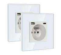 BSEED Prise Murale avec USB et 1 Type C,16A Prise de Courant Alternatif avec Panneau en Verre,Multiprise Murale Max 2.1A,Convient au Smartphone, à la Tablette (2 Pack avec USB et Type C,Blanc)