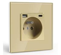 BSEED Prise Murale avec USB et 1 Type C,16A Prise de Courant Alternatif avec Panneau en Verre,Multiprise Murale Max 2.1A,Convient au Smartphone, à la Tablette (1 Prise avec USB et Type C,Or)