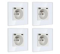 BSEED Prise Murale avec USB et 1 Type C,16A Prise de Courant Alternatif avec Panneau en Verre,Multiprise Murale Max 2.1A,Convient au Smartphone, à la Tablette (4 Pack avec USB et Type C,Blanc)