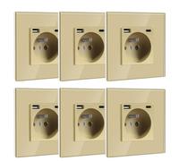 BSEED Prise Murale avec USB et 1 Type C,16A Prise de Courant Alternatif avec Panneau en Verre,Multiprise Murale Max 2.1A,Convient au Smartphone, à la Tablette (6 Pack avec USB et Type C,Or)