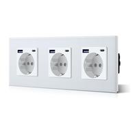 BSEED Prise murale Schuko - Triple prise avec chargeur rapide USB & type C de 20 W, verre, puissance de charge et adaptateur USB C, station de charge, installation facile, Blanc