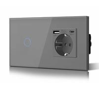 BSEED Schuko Interrupteur d'éclairage, prise, encastré, 1 compartiments, 1 voie, prise 3-en-1, puissance de charge USB 2,1 A, adaptateur de type C, station de charge, rallonge en verre, 157 mm, gris