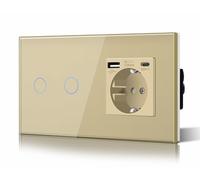 BSEED Schuko Interrupteur d'éclairage, prise, encastré, 2 compartiments, 1 voie, prise 3-en-1, puissance de charge USB 2,1 A, adaptateur de type C, station de charge, rallonge en verre, 157 mm, doré