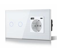 BSEED Schuko Interrupteur d'éclairage, prise, encastré, 2 compartiments, 1 voie, prise 3-en-1, puissance de charge USB 2,1 A, adaptateur de type C, station de charge, rallonge en verre, 157 mm, blanc