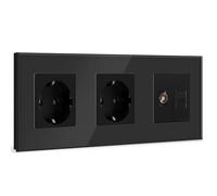 BSEED Schuko Steckdose mit 1/2 PC mit TV Schwarz Glas Panel Steckdose Glas TV antenna coaxial and RJ45 Cat5e Ethernet 16 Amp Steckdose 228mm Doppelt Wandsteckdose Verlängerungssteckdosen
