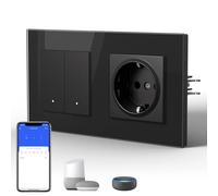 BSEED Smart WiFi Interrupteur Mural avec Prise, Panneau en Verre Esthétique,Compatible avec Google Home et Alexa Neutral Line Required, 2 Gang 1 Way, Noir