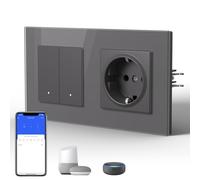 BSEED Smart WiFi Interrupteur Mural avec Prise, Panneau en Verre Esthétique,Compatible avec Google Home et Alexa Neutral Line Required, 2 Gang 1 Way, Gris