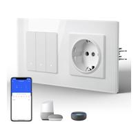 BSEED Smart WiFi Interrupteur Mural avec Prise, Panneau en Verre Esthétique,Compatible avec Google Home et Alexa Neutral Line Required, 3 Gang 1 Way, blanc