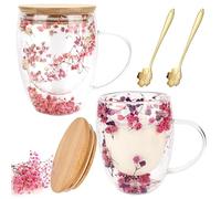 bssmmai 2 Pièces Tasse a Cafe Double Paroi avec Poignées, 350ml Verre Double Paroi avec Fleur Sèche, Tasse Cappuccino, Verre Latte Macchiato, Tasse Expresso Double Paroi avec Cuillère et Couvercle