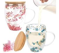 Bssmmai Lot de 2 verres à latte macchiato à double paroi avec cuillère, 350 ml - Verres à cappuccino à double paroi avec couvercle - Verres à café à double paroi avec anse - Verres thermiques avec