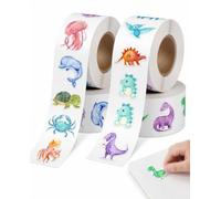 BTACGWP 1000 Autocollants Animaux et Dinosaures en Rouleau - Stickers Imperméables et Autocollants pour Enfants, Récompenses, Scrapbooking et DIY
