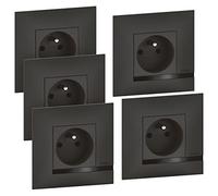 BTicino - Lot de 5 prises de courant Altège 16A 230V avec connexion à bornes automatiques - livrées complètes avec plaques de finition noir Nuit et griffes de fixation pour rénovation